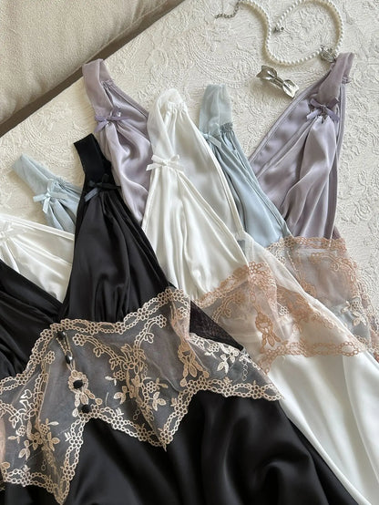 Sexy Women Lingerie Nightgown Chemise Sleepwear Patchwork Hollow Out Lace Nightdress Homeweae Summer Ice Silk Nightie Loungewear