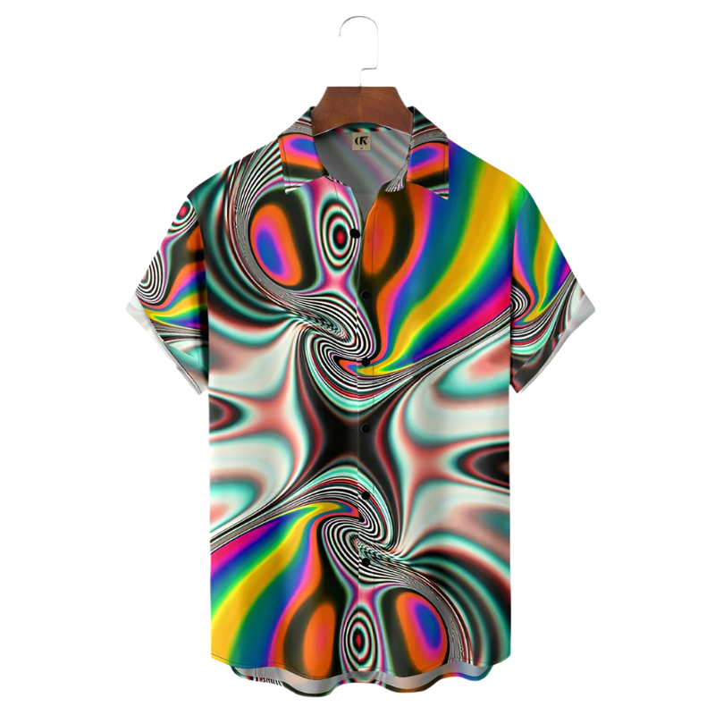 Colorful psychedelic patterned shirt on a hanger with a white background
