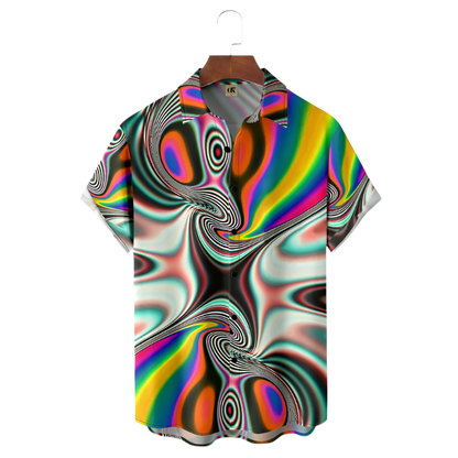 Colorful psychedelic patterned shirt on a hanger with a white background