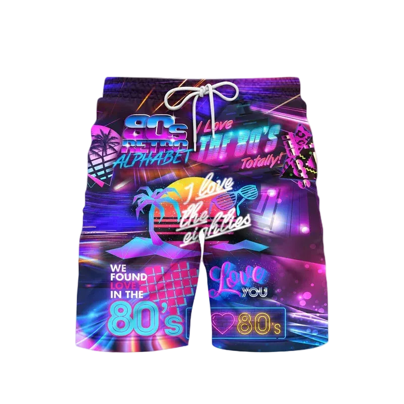 Neon-colored shorts with 80s-themed graphics on a white background