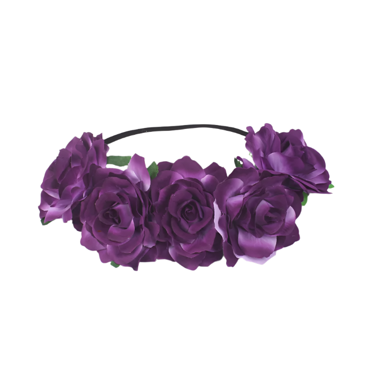 A floral headband featuring large, vibrant roses. The design is bold and romantic, perfect for a bohemian or festival look.