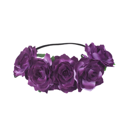 A floral headband featuring large, vibrant roses. The design is bold and romantic, perfect for a bohemian or festival look.