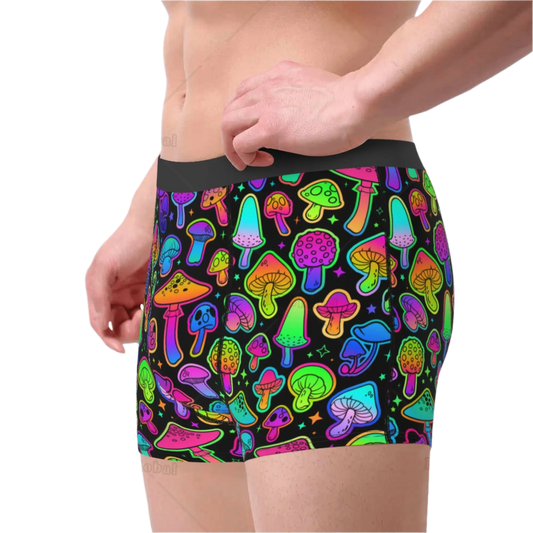 Colorful boxer briefs featuring a vibrant neon mushroom pattern