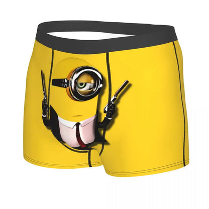 Yellow boxer briefs featuring minions a cartoon character in a suit holding guns.