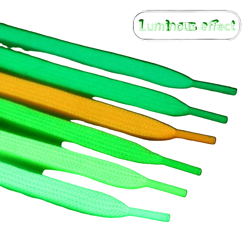 Glowing green and orange shoelaces on a black background with 'Luminous effect' text.