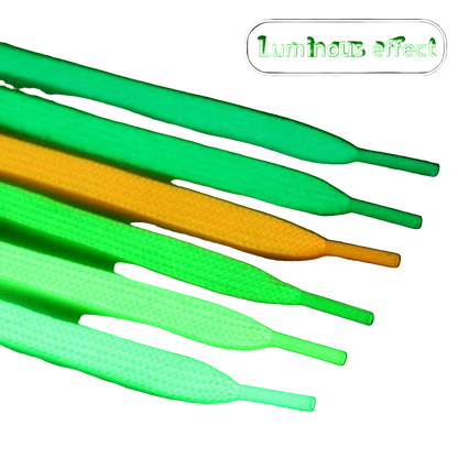 Glowing green and orange shoelaces on a black background with 'Luminous effect' text.