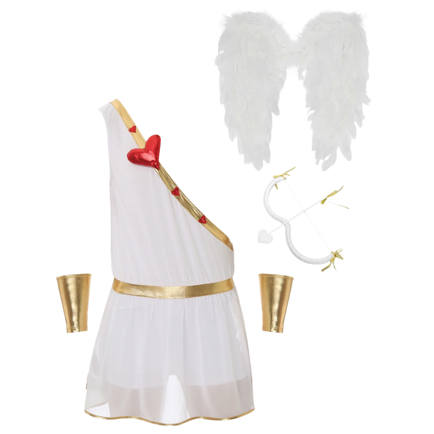 Cupid toga-style costume with gold accessories, black wings, and heart-shaped glasses