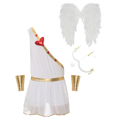 Cupid toga-style costume with gold accessories, black wings, and heart-shaped glasses