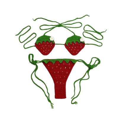 Crocheted strawberry-themed bikini set on a white background
