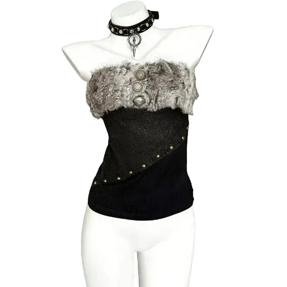 A black strapless tube top with a gray faux-fur trim and silver-tone studs, displayed on a white mannequin torso. The top features a diagonal seam and decorative buttons on the chest, and is shown with a black studded choker.