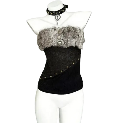 A black strapless tube top with a gray faux-fur trim and silver-tone studs, displayed on a white mannequin torso. The top features a diagonal seam and decorative buttons on the chest, and is shown with a black studded choker.