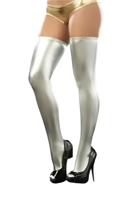 White thigh-high stockings worn by a person on a black background