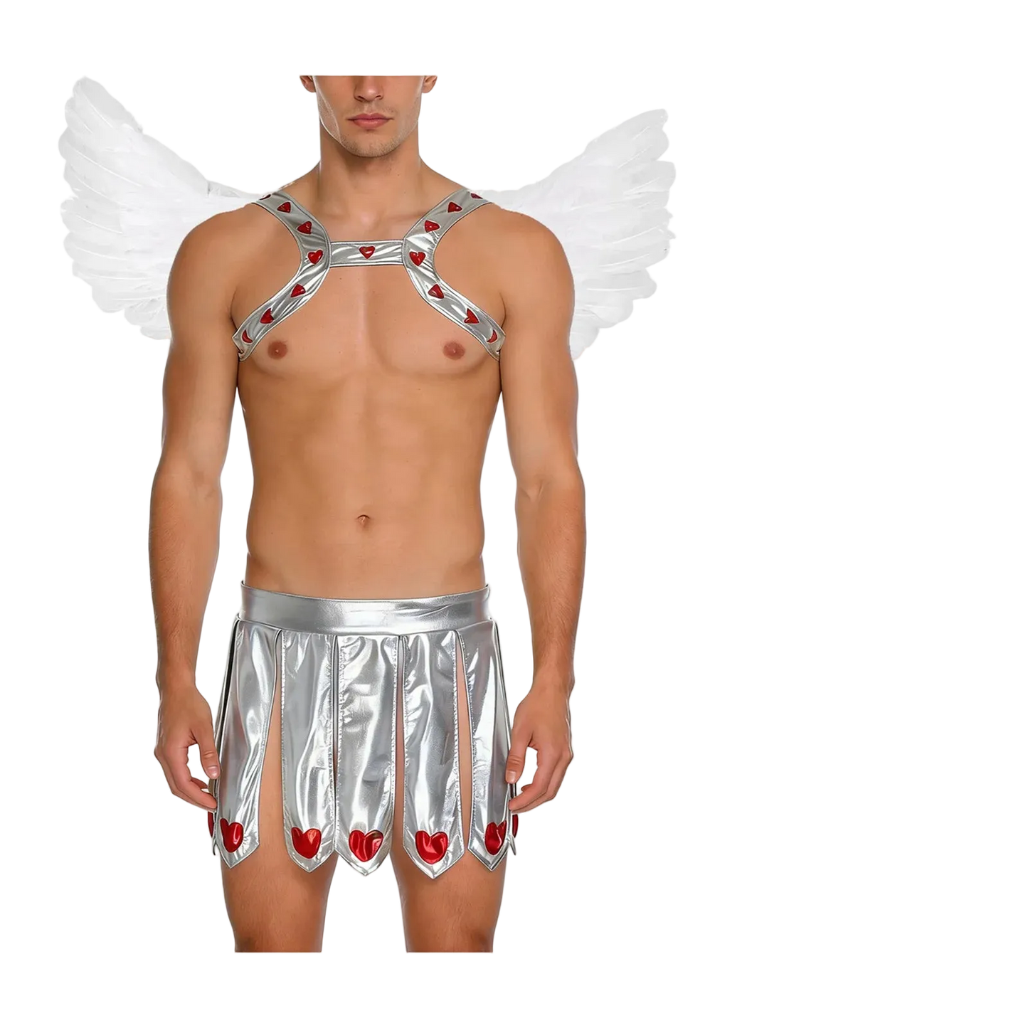A male model wearing a silver and white cupid costume with red heart accents, white angel wings, a white headband, and a white toy bow and arrow accessory, shown on a plain white background.