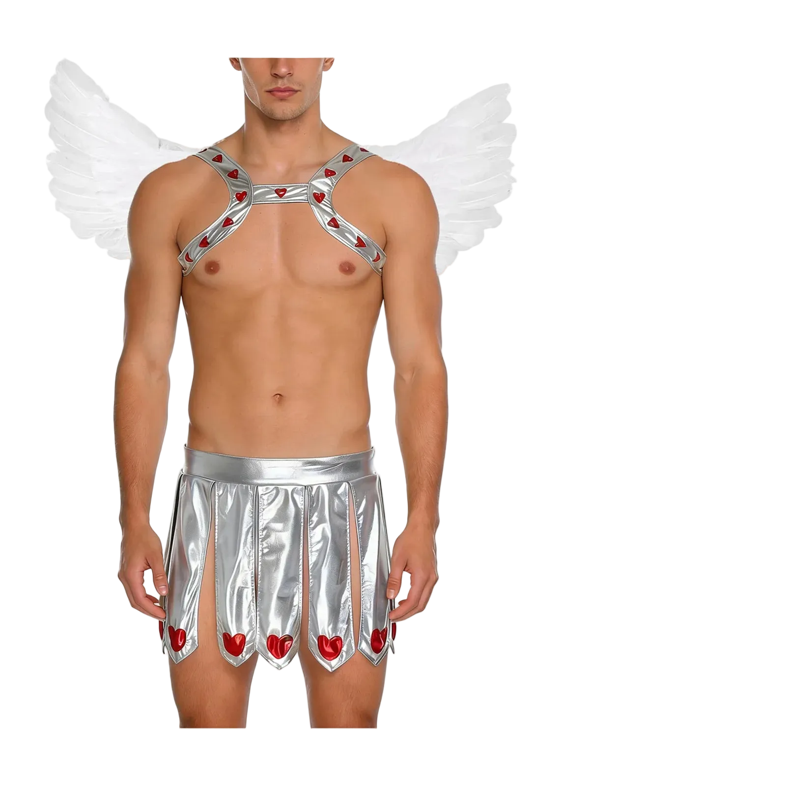 A male model wearing a silver and white cupid costume with red heart accents, white angel wings, a white headband, and a white toy bow and arrow accessory, shown on a plain white background.