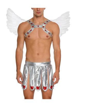 A male model wearing a silver and white cupid costume with red heart accents, white angel wings, a white headband, and a white toy bow and arrow accessory, shown on a plain white background.
