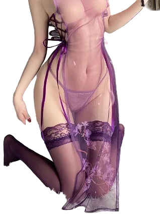 Person wearing a sheer purple lingerie set on a white surface.