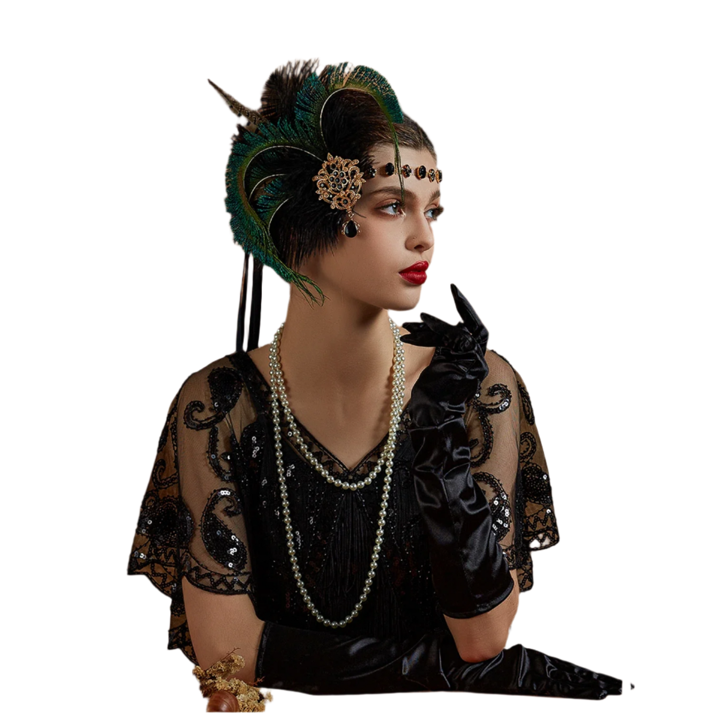 Luxurious peacock feather headband with rhinestones and tassels for exotic Gatsby resort theme nights

