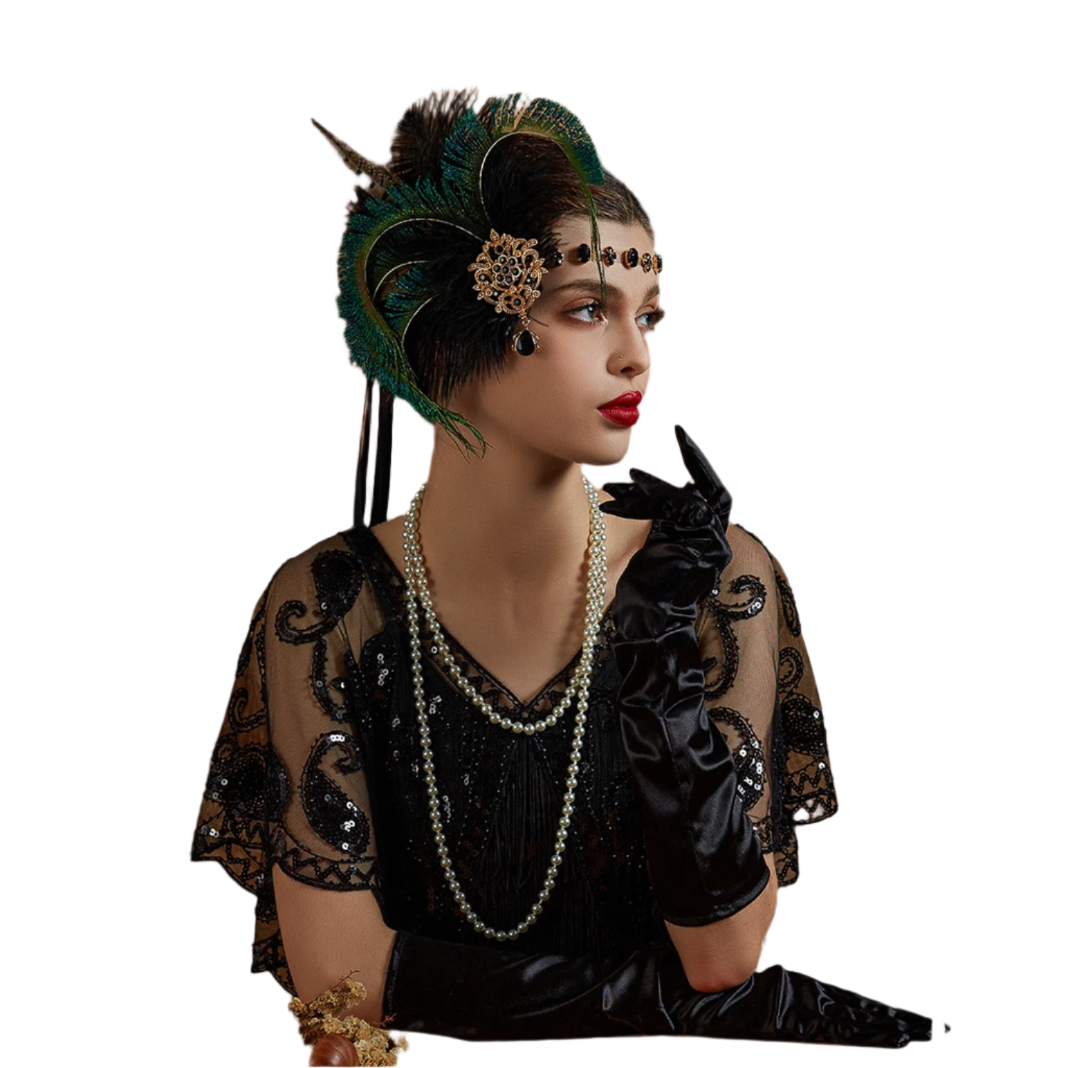 Luxurious peacock feather headband with rhinestones and tassels for exotic Gatsby resort theme nights

