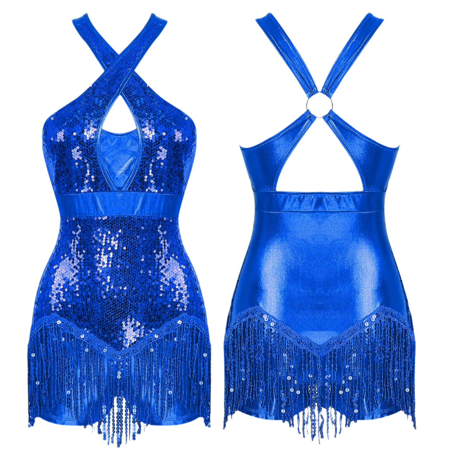 Womens Glittery Sequins Crisscross Sequins Tassel Halter Bodysuit