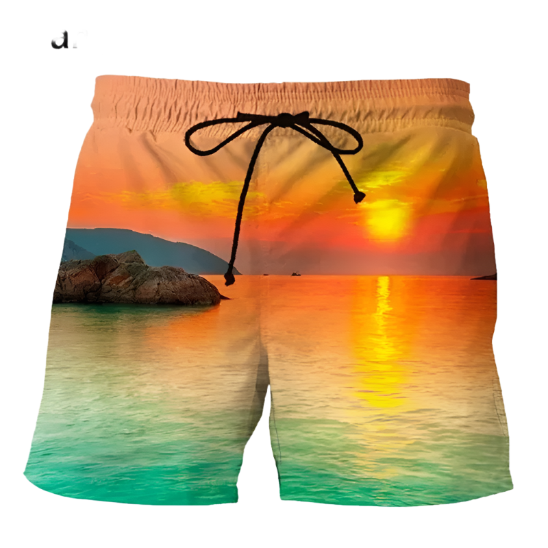 Summer Sunset 3D Printed Beach Shorts featuring vibrant sunset design, perfect for luxury adult resorts