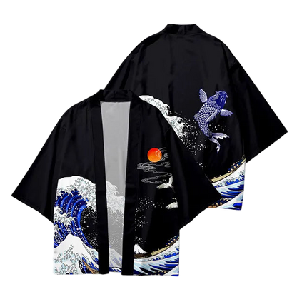 Black kimono with wave and fish design on a white background