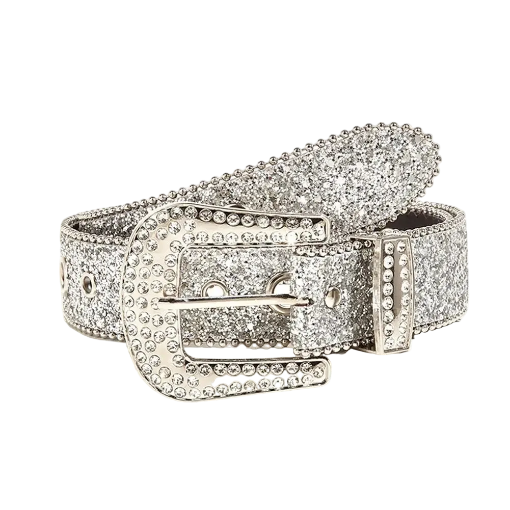 Silver glittery belt with a large buckle on a white background
