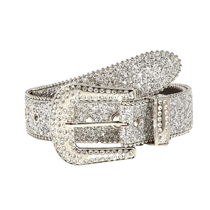 Silver glittery belt with a large buckle on a white background