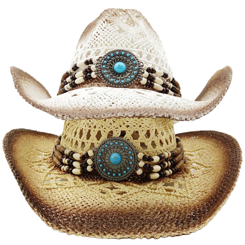 Cowboy hat with decorative band and turquoise stones on a white background