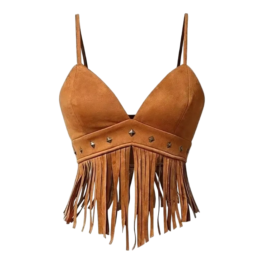 Brown suede fringe top on a white background