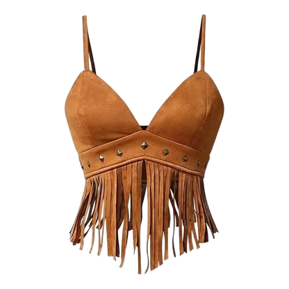 Brown suede fringe top on a white background