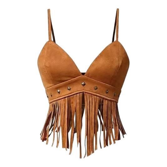 Brown suede fringe top on a white background
