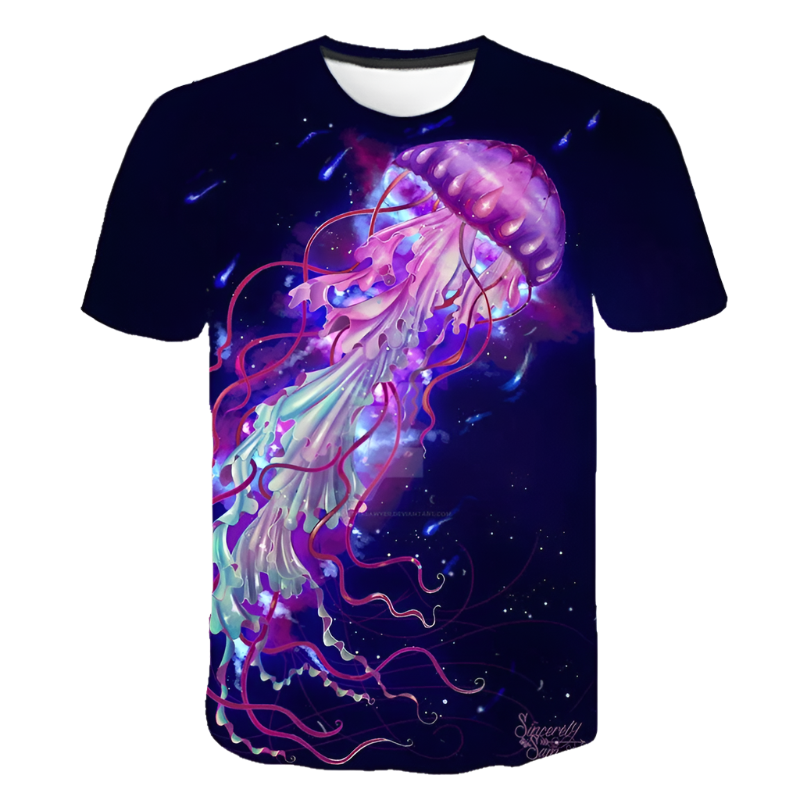T-shirt with a colorful jellyfish design on a dark background