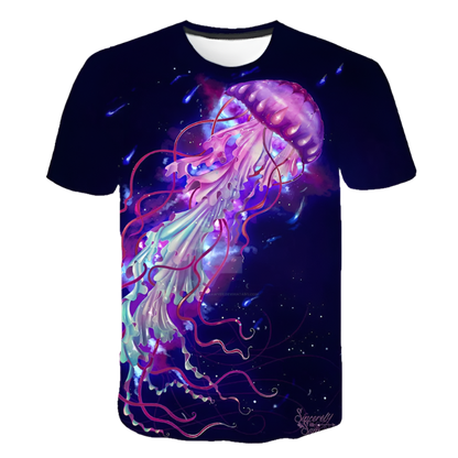 T-shirt with a colorful jellyfish design on a dark background