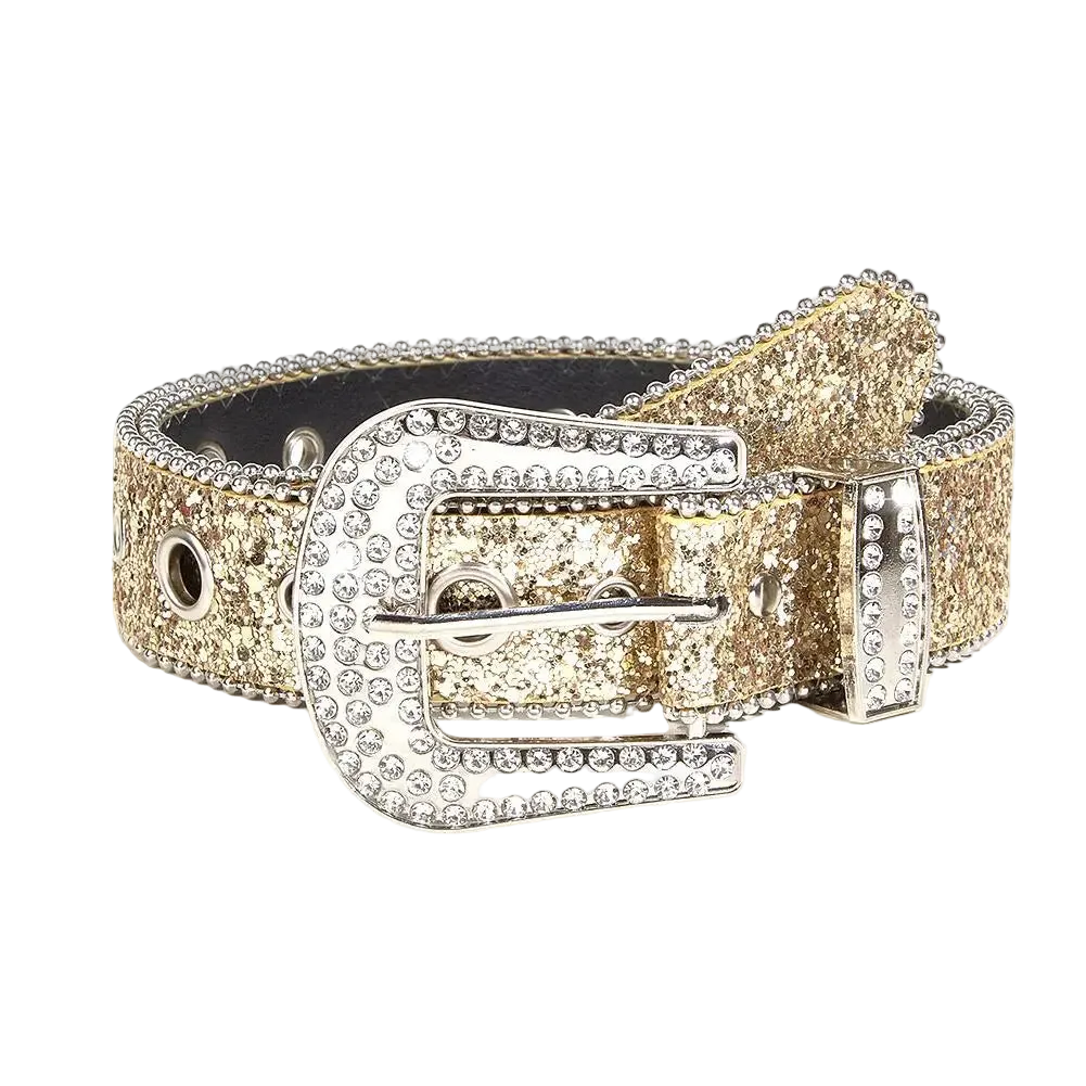Gold glittery belt with a silver buckle on a white background