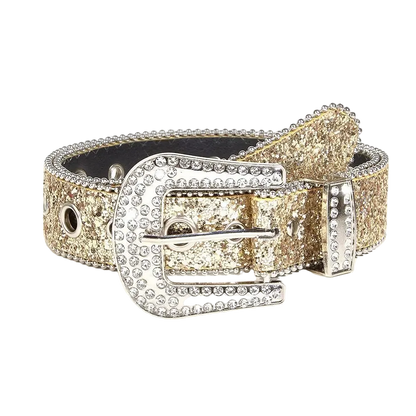 Gold glittery belt with a silver buckle on a white background