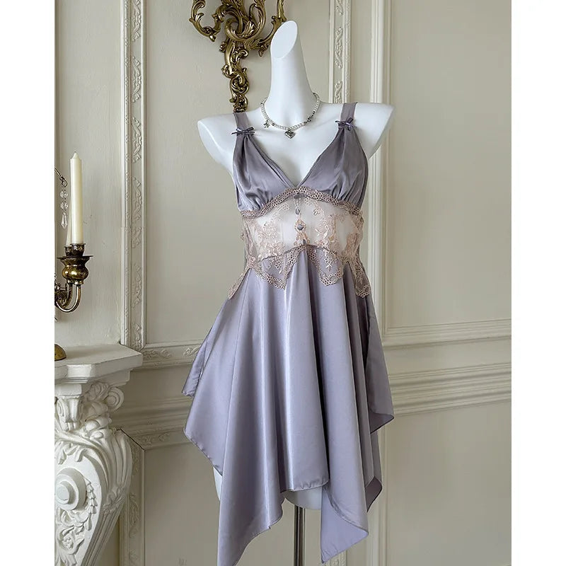Sexy Women Lingerie Nightgown Chemise Sleepwear Patchwork Hollow Out Lace Nightdress Homeweae Summer Ice Silk Nightie Loungewear