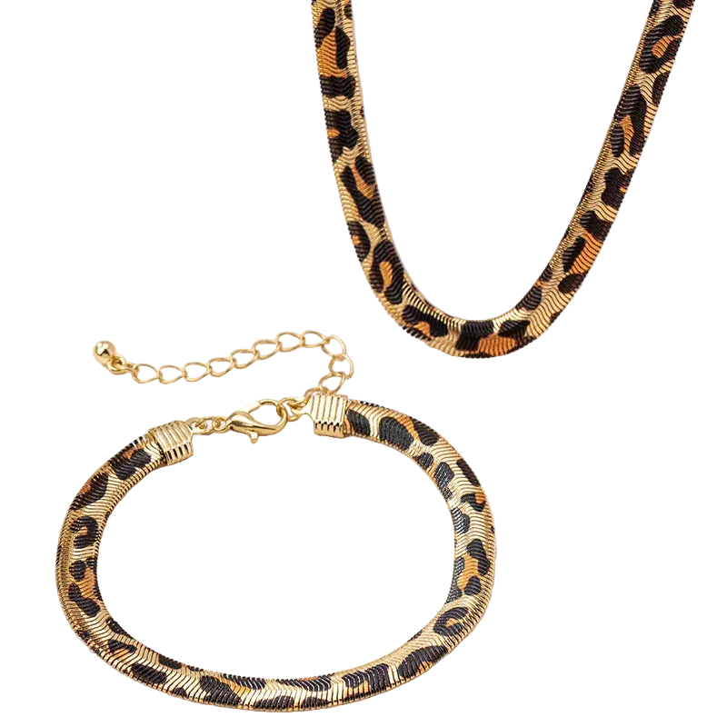 Leopard print bracelet and necklace on a white background