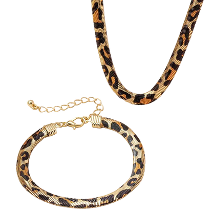 Leopard print bracelet and necklace on a white background