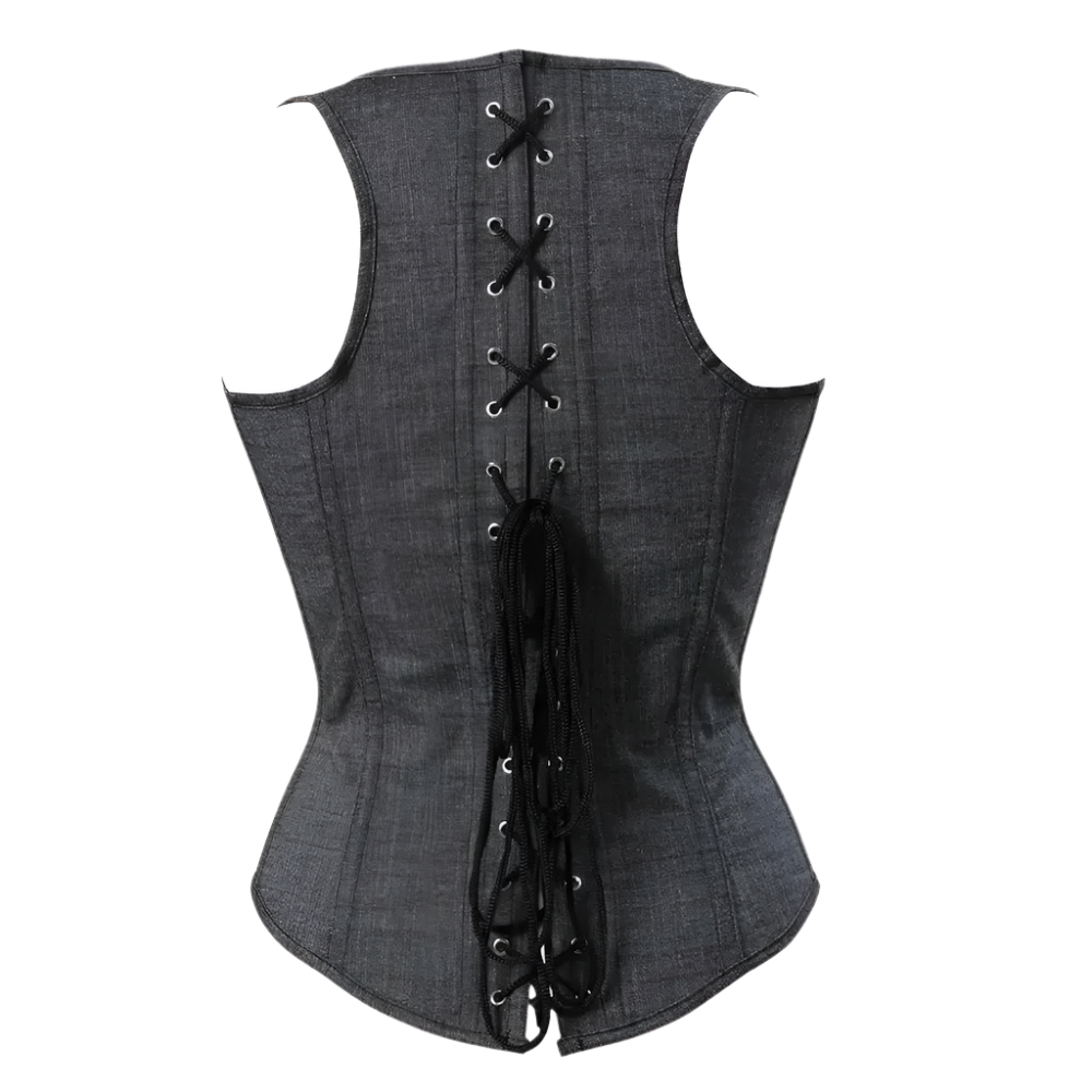 Gray corset with black laces on a white background