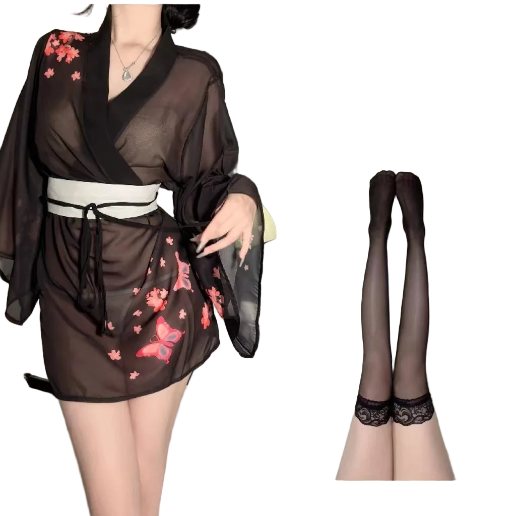 Woman wearing a black kimono with floral patterns and sheer stockings.