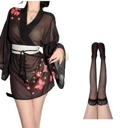 Woman wearing a black kimono with floral patterns and sheer stockings.