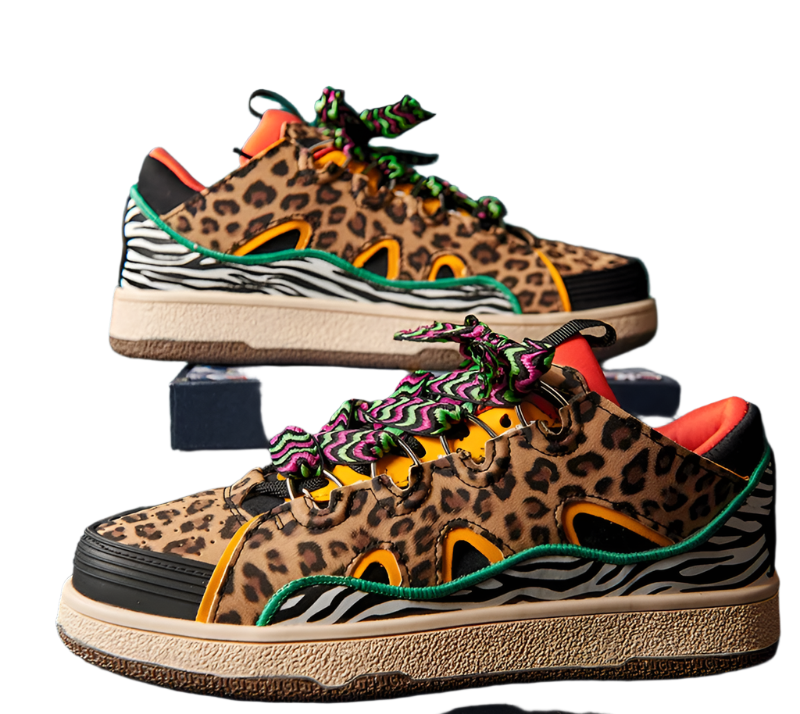 Luxury men's leopard print platform sneakers featuring vulcanized construction and elevated design for resort theme nights

