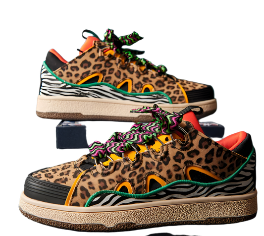 Luxury men's leopard print platform sneakers featuring vulcanized construction and elevated design for resort theme nights

