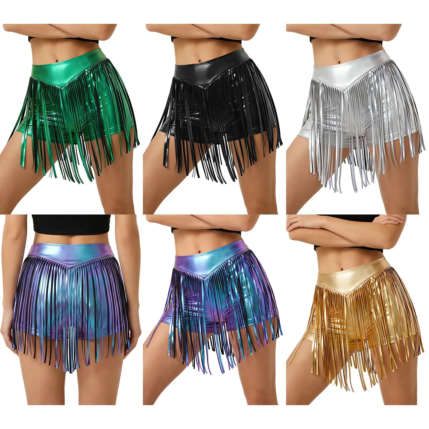 Women Iridescent Metallic Hot Pants with Fringed High Waist Tassel Skirted Shorts Cheeky Shorts Stage Dance Jazz Rock Clubwear