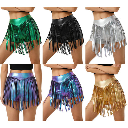 Women Iridescent Metallic Hot Pants with Fringed High Waist Tassel Skirted Shorts Cheeky Shorts Stage Dance Jazz Rock Clubwear