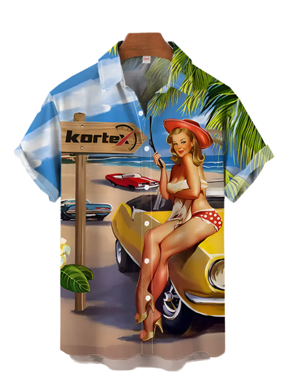 Shirt with a vintage design featuring a woman, car, and 'Kortex' sign on a white background