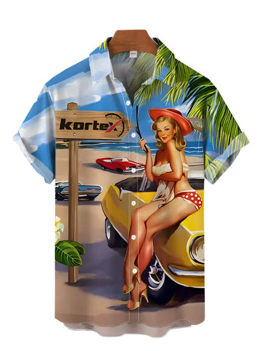 Shirt with a vintage design featuring a woman, car, and 'Kortex' sign on a white background