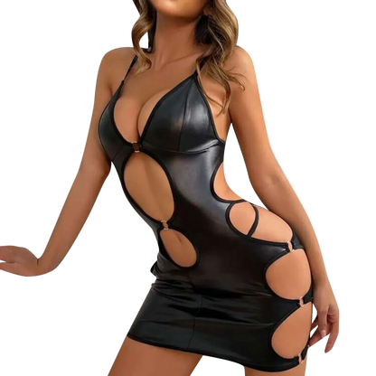 Black leather-style dress with cut-out design on a white background