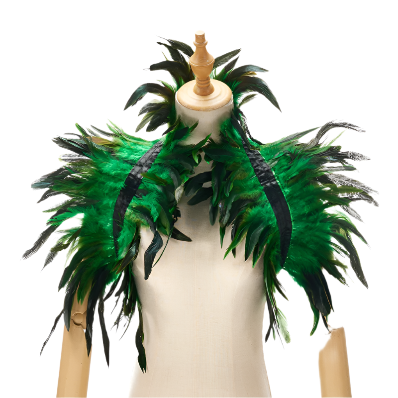  Feather Shoulder Piece: A vibrant feather shoulder piece displayed on a mannequin, with black accents and a striking, textured design.