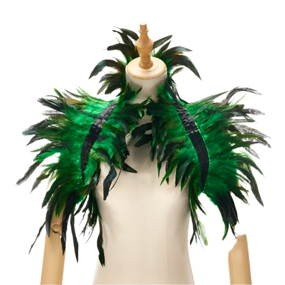  Feather Shoulder Piece: A vibrant feather shoulder piece displayed on a mannequin, with black accents and a striking, textured design.